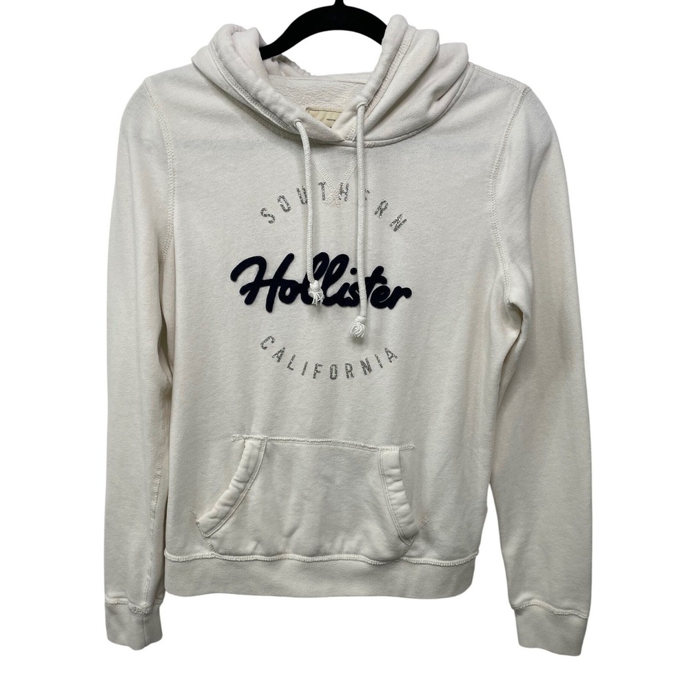 Hollister Southern California Graphic Pullover Hoodie White Navy‎ Glitter Glam L